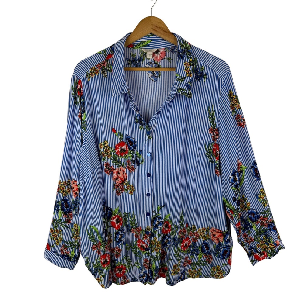 Cato Est. 1946 Striped Floral Button Down Blouse Size 22/24W Lightweight Boho